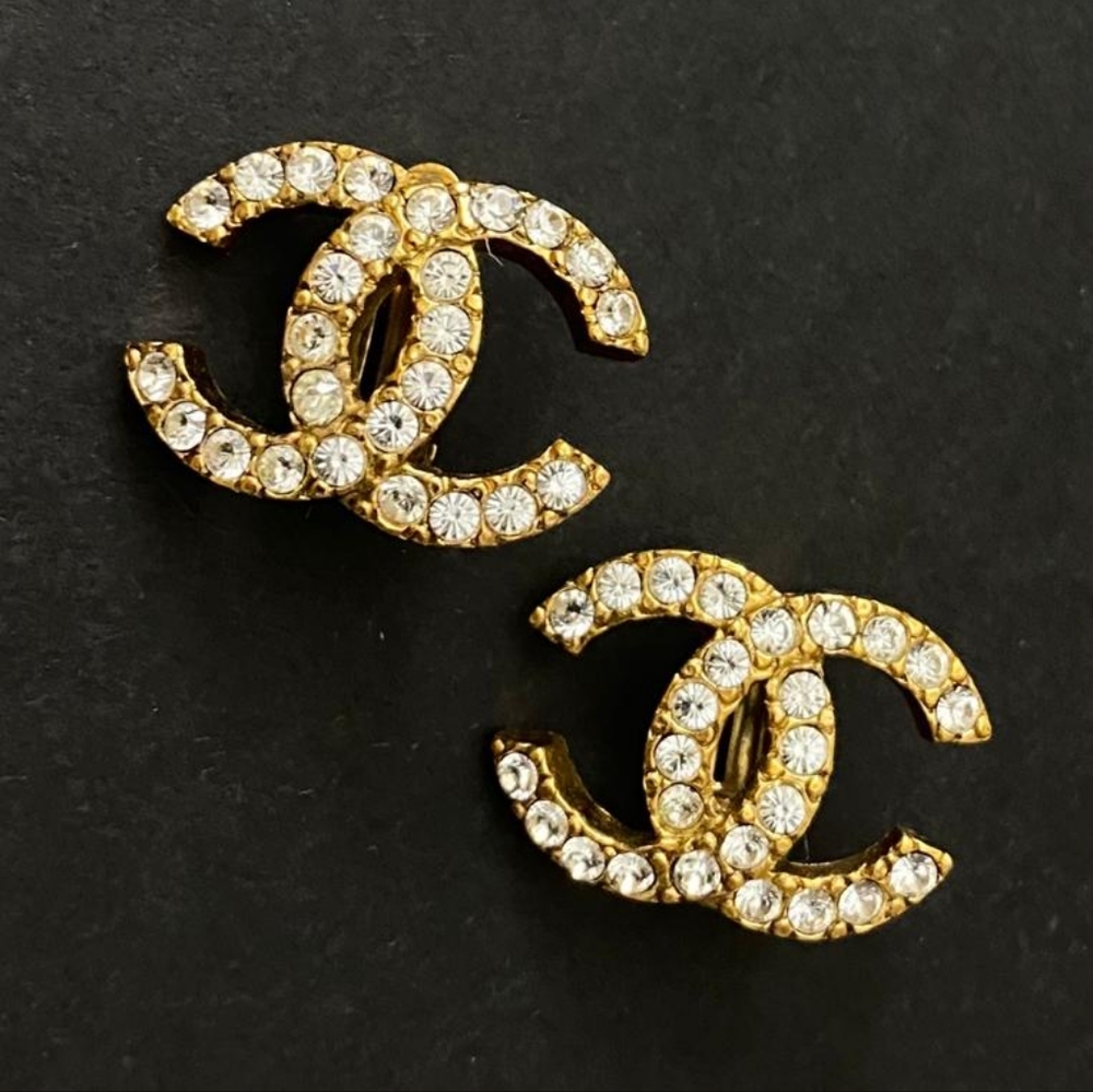 Authentic CHANEL Pink Gold Tone  CC Logo Crystal Clip Earrings